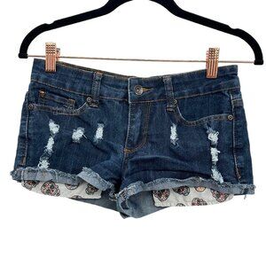 Lovesick The Short Dark Wash Skulls with Rose Exposed Pockets Jean Shorts